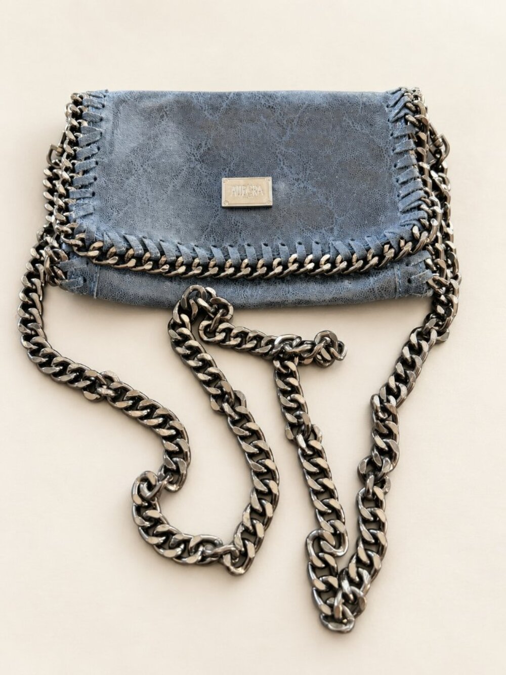 Allegra Unione Blue Leather Chain Trim Flap Shoulder Bag